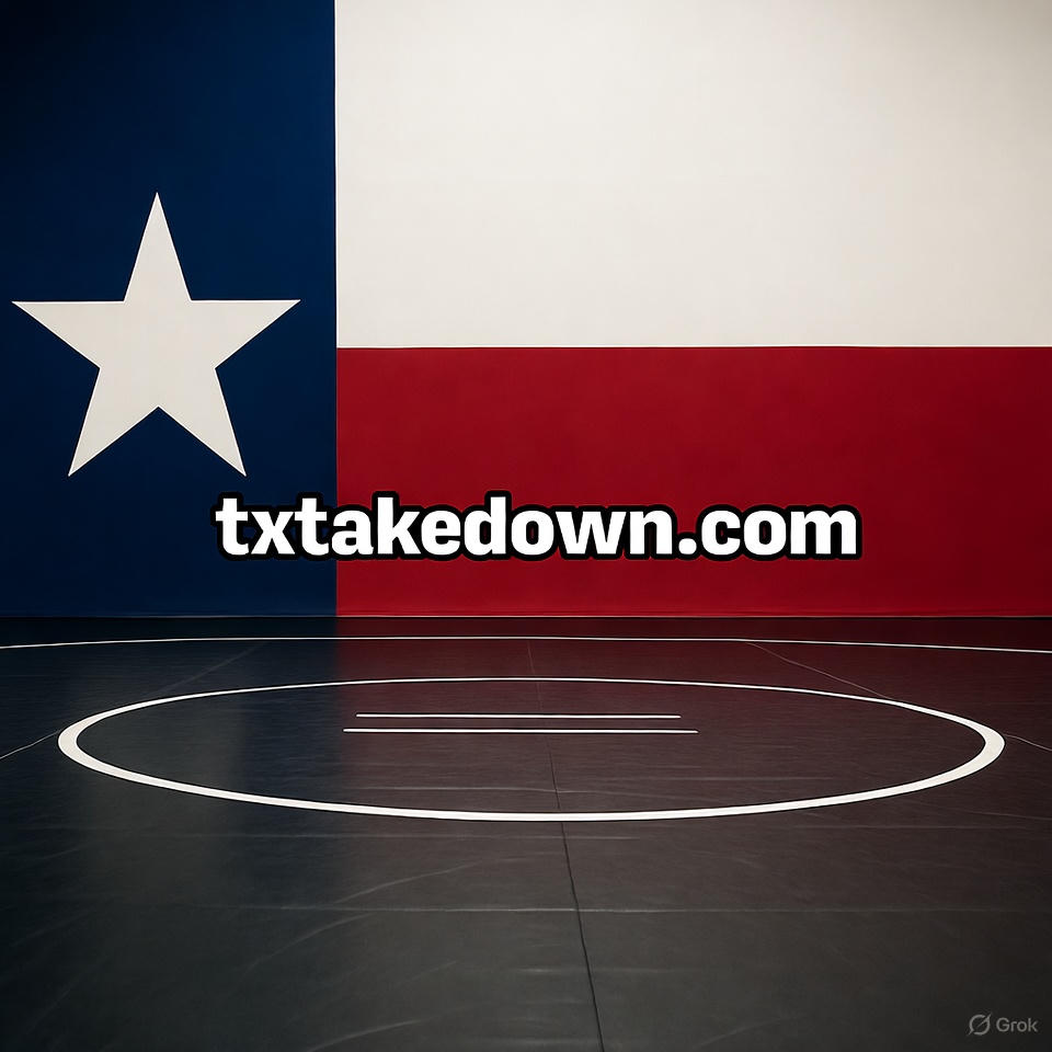 A wrestling mat in a gym is centered against a wall featuring the Texas flag. The website "txtakedown.com" is displayed on the flag.